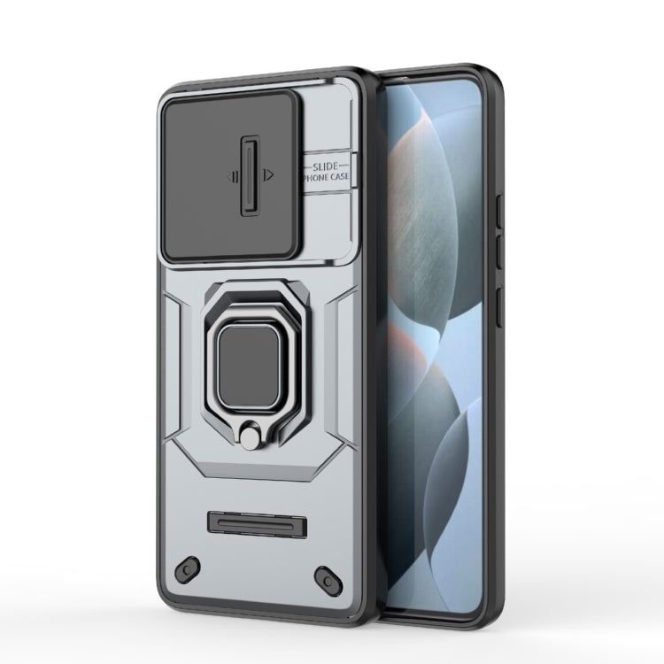 For Xiaomi Redmi K70E 5G Sliding Camshield TPU + PC Shockproof Phone Case with Holder(Grey) - Xiaomi Cases by buy2fix | Online Shopping UK | buy2fix