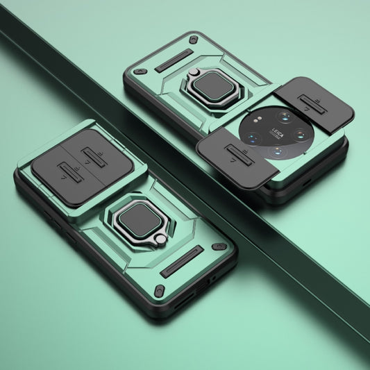 For Xiaomi 14 Ultra Sliding Camshield TPU + PC Shockproof Phone Case with Holder(Green) by buy2fix