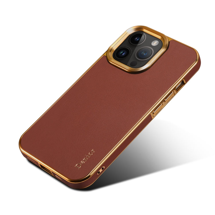 For iPhone 15 Pro Denior Cowhide Leather Plating Phone Case(Brown) - iPhone 15 Pro Cases by Denior | Online Shopping UK | buy2fix
