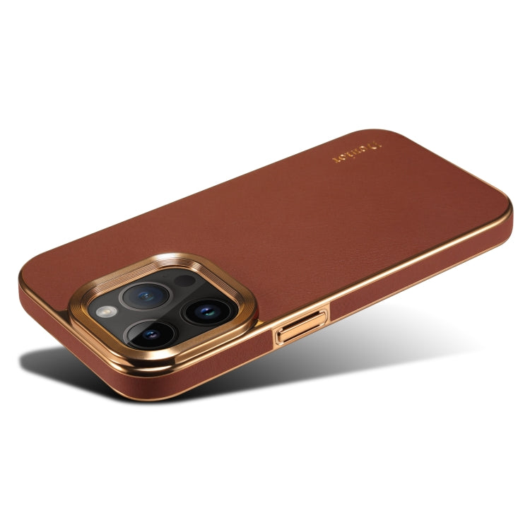 For iPhone 15 Pro Denior Cowhide Leather Plating Phone Case(Brown) - iPhone 15 Pro Cases by Denior | Online Shopping UK | buy2fix
