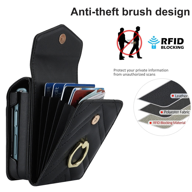 For Samsung Galaxy Z Flip6 V-shaped RFID Card Slot Phone Case with Ring Holder(Black) - Galaxy Z Flip6 5G Cases by buy2fix | Online Shopping UK | buy2fix
