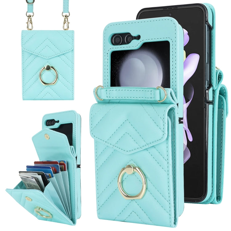 For Samsung Galaxy Z Flip6 V-shaped RFID Card Slot Phone Case with Ring Holder(Green) - Galaxy Z Flip6 5G Cases by buy2fix | Online Shopping UK | buy2fix