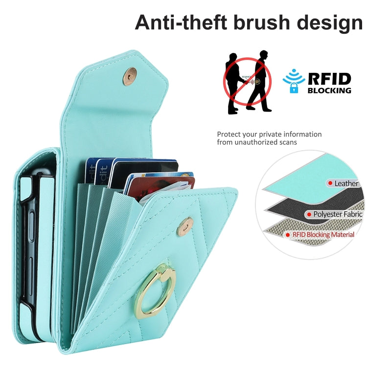 For Samsung Galaxy Z Flip6 V-shaped RFID Card Slot Phone Case with Ring Holder(Green) - Galaxy Z Flip6 5G Cases by buy2fix | Online Shopping UK | buy2fix