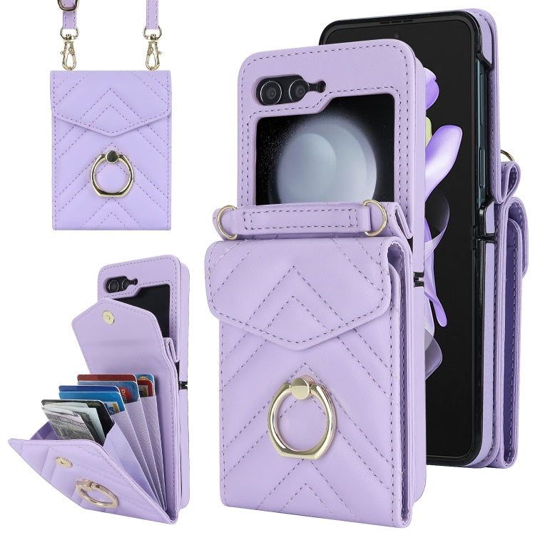 For Samsung Galaxy Z Flip6 V-shaped RFID Card Slot Phone Case with Ring Holder(Purple) - Galaxy Z Flip6 5G Cases by buy2fix | Online Shopping UK | buy2fix