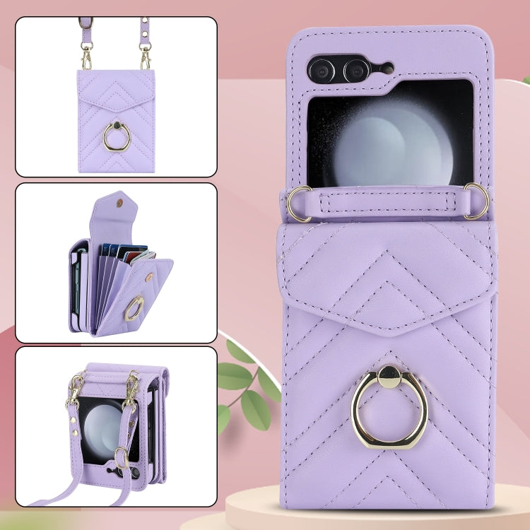 For Samsung Galaxy Z Flip6 V-shaped RFID Card Slot Phone Case with Ring Holder(Purple) - Galaxy Z Flip6 5G Cases by buy2fix | Online Shopping UK | buy2fix