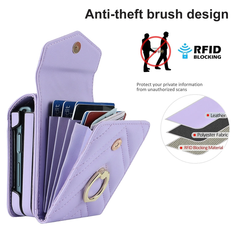 For Samsung Galaxy Z Flip6 V-shaped RFID Card Slot Phone Case with Ring Holder(Purple) - Galaxy Z Flip6 5G Cases by buy2fix | Online Shopping UK | buy2fix