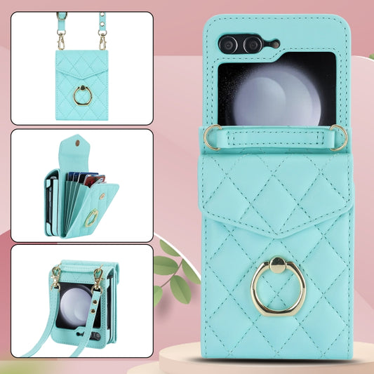For Samsung Galaxy Z Flip5 Diamond Lattice RFID Card Slot Phone Case with Ring Holder(Green) - Galaxy Z Flip5 Cases by buy2fix | Online Shopping UK | buy2fix