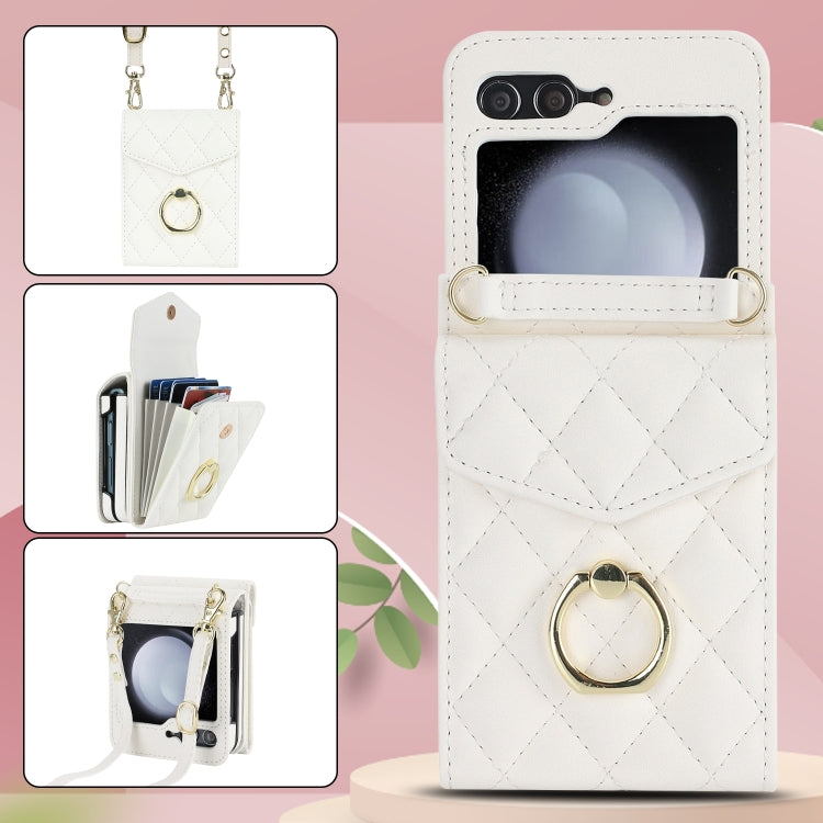For Samsung Galaxy Z Flip6 Diamond Lattice RFID Card Slot Phone Case with Ring Holder(White) - Galaxy Z Flip6 5G Cases by buy2fix | Online Shopping UK | buy2fix