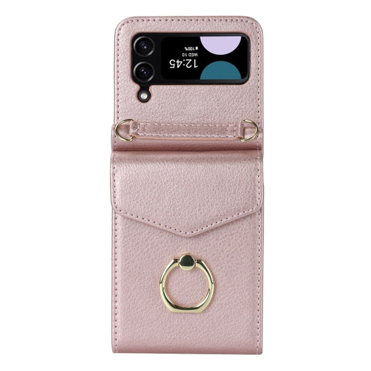 For Samsung Galaxy Z Flip4 Litchi Texture RFID Card Slot Phone Case with Ring Holder(Rose Gold) - Galaxy Z Flip4 5G Cases by buy2fix | Online Shopping UK | buy2fix