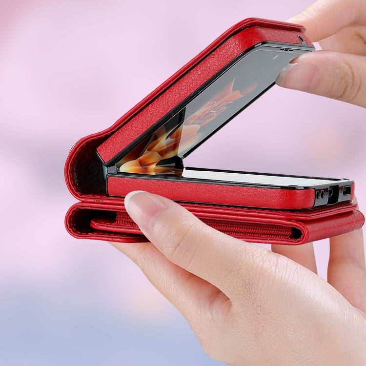 For Samsung Galaxy Z Flip6 Litchi Texture RFID Card Slot Phone Case with Ring Holder(Red) - Galaxy Z Flip6 5G Cases by buy2fix | Online Shopping UK | buy2fix