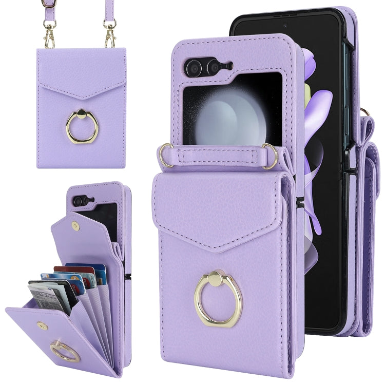 For Samsung Galaxy Z Flip6 Litchi Texture RFID Card Slot Phone Case with Ring Holder(Purple) - Galaxy Z Flip6 5G Cases by buy2fix | Online Shopping UK | buy2fix