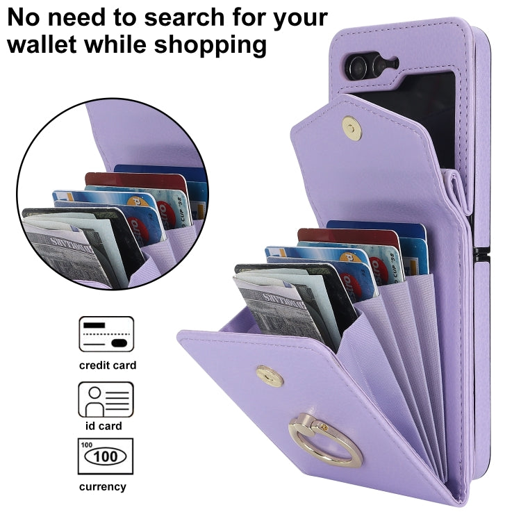 For Samsung Galaxy Z Flip6 Litchi Texture RFID Card Slot Phone Case with Ring Holder(Purple) - Galaxy Z Flip6 5G Cases by buy2fix | Online Shopping UK | buy2fix