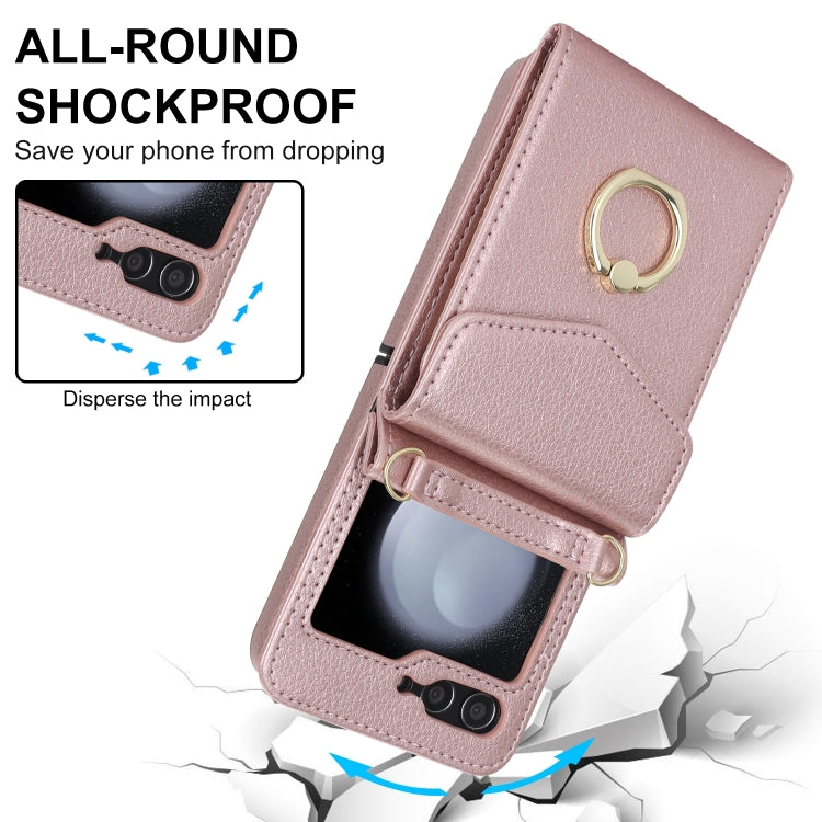 For Samsung Galaxy Z Flip6 Litchi Texture RFID Card Slot Phone Case with Ring Holder(Rose Gold) - Galaxy Z Flip6 5G Cases by buy2fix | Online Shopping UK | buy2fix