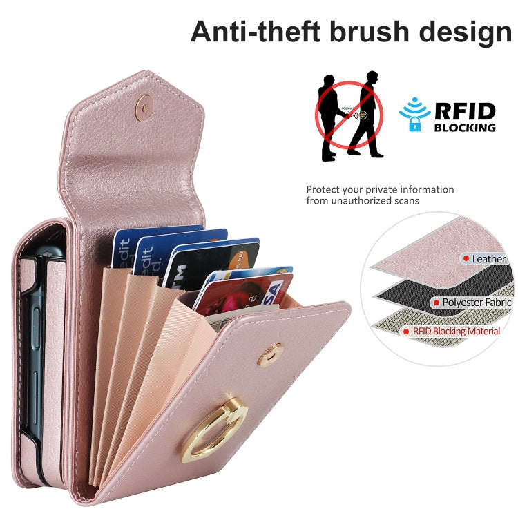 For Samsung Galaxy Z Flip6 Litchi Texture RFID Card Slot Phone Case with Ring Holder(Rose Gold) - Galaxy Z Flip6 5G Cases by buy2fix | Online Shopping UK | buy2fix