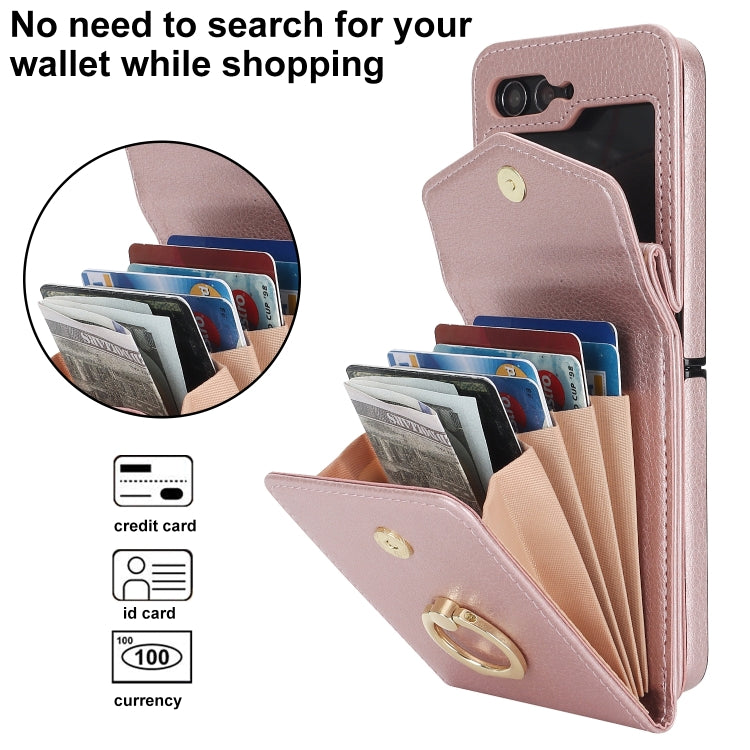 For Samsung Galaxy Z Flip6 Litchi Texture RFID Card Slot Phone Case with Ring Holder(Rose Gold) - Galaxy Z Flip6 5G Cases by buy2fix | Online Shopping UK | buy2fix