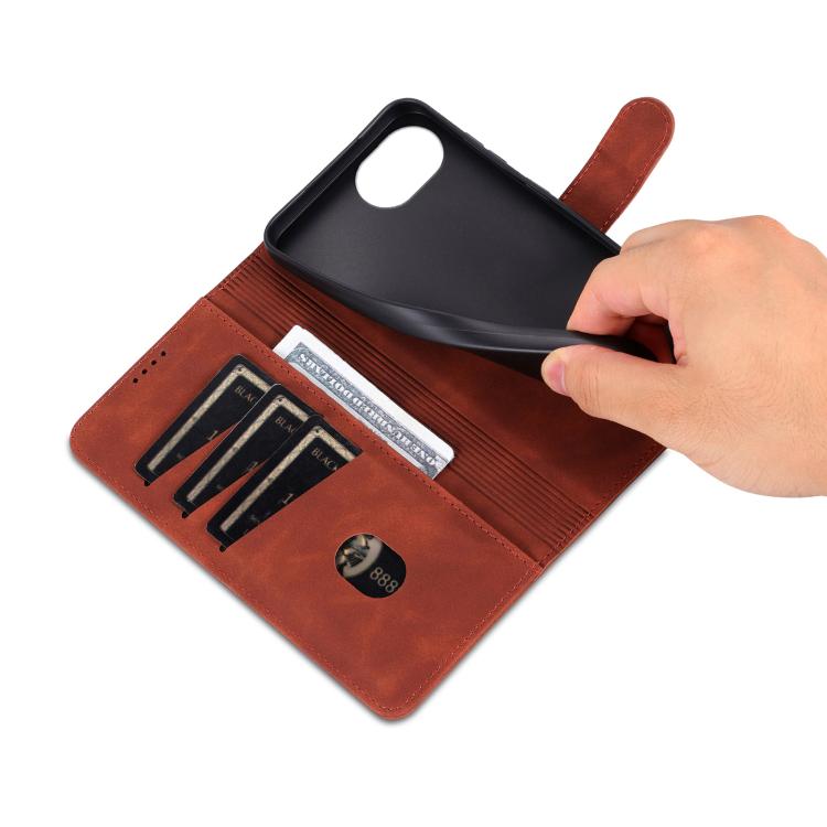 For iPhone 16e AZNS Skin Feel Calf Texture Flip Leather Phone Case(Brown) - iPhone 16e Cases by AZNS | Online Shopping UK | buy2fix