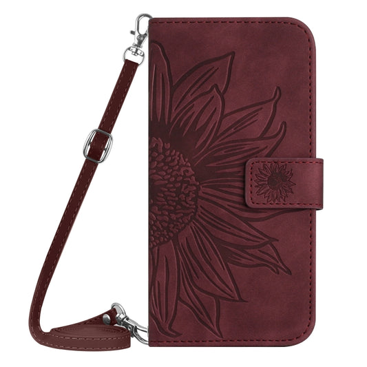 For Motorola Moto G Play 4G 2024 HT04 Skin Feel Sun Flower Embossed Flip Leather Phone Case with Lanyard(Wine Red) by buy2fix