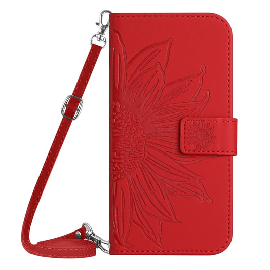 For Motorola Moto G Play 4G 2024 HT04 Skin Feel Sun Flower Embossed Flip Leather Phone Case with Lanyard(Red) by buy2fix