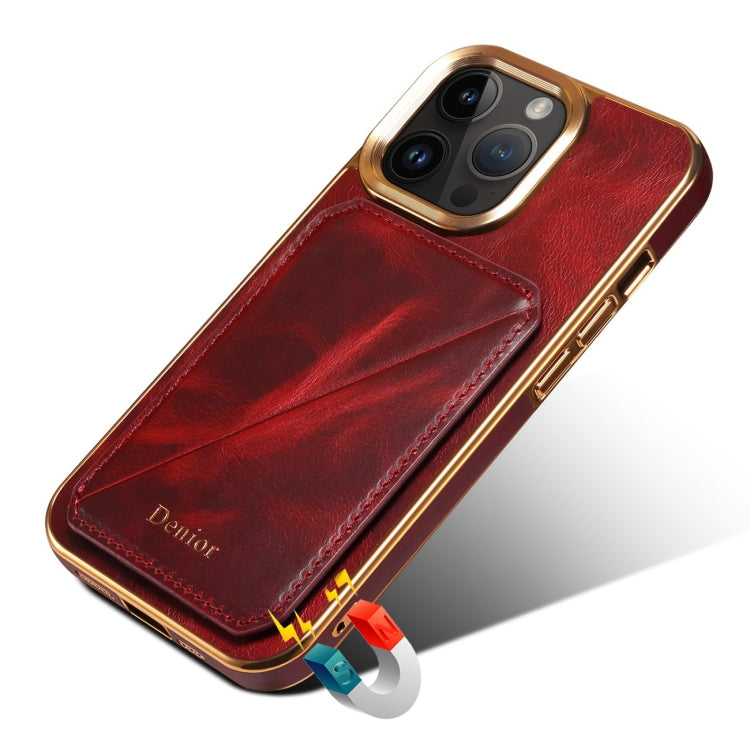 For iPhone 15 Pro Denior Oil Wax Leather Electroplating Card Slot Holder Phone Case(Red) - iPhone 15 Pro Cases by Denior | Online Shopping UK | buy2fix