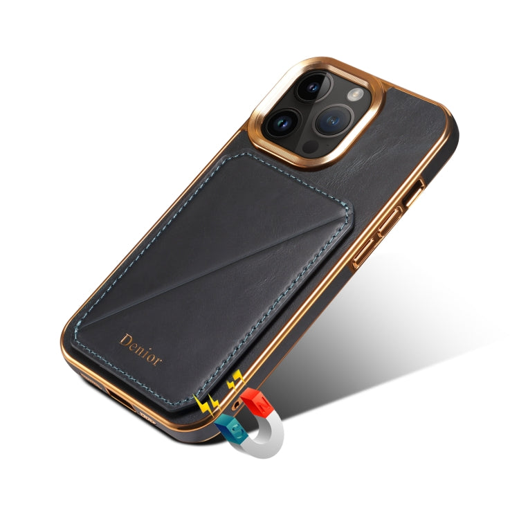 For iPhone 15 Pro Denior Oil Wax Leather Electroplating Card Slot Holder Phone Case(Blue) - iPhone 15 Pro Cases by Denior | Online Shopping UK | buy2fix