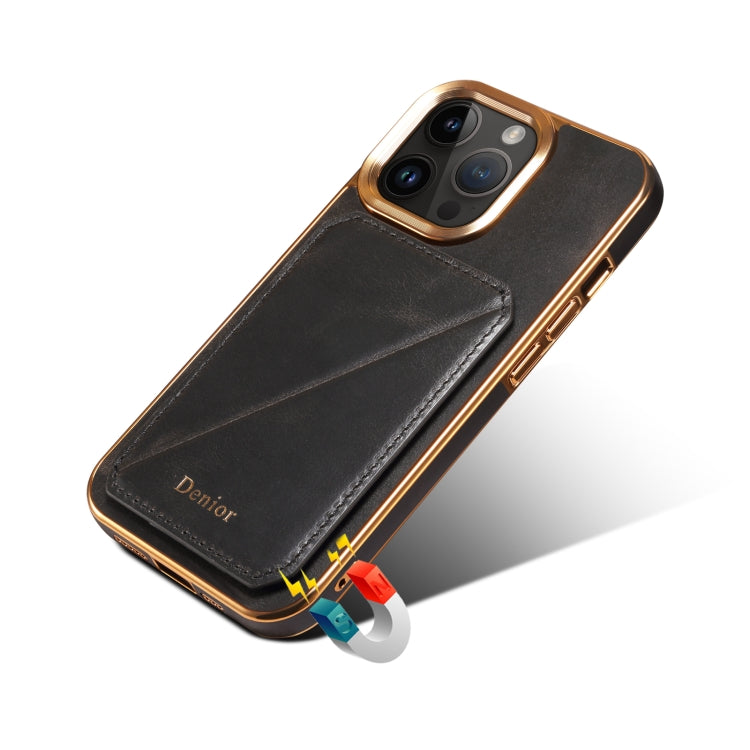 For iPhone 15 Denior Oil Wax Leather Electroplating Card Slot Holder Phone Case(Black) - iPhone 15 Cases by Denior | Online Shopping UK | buy2fix