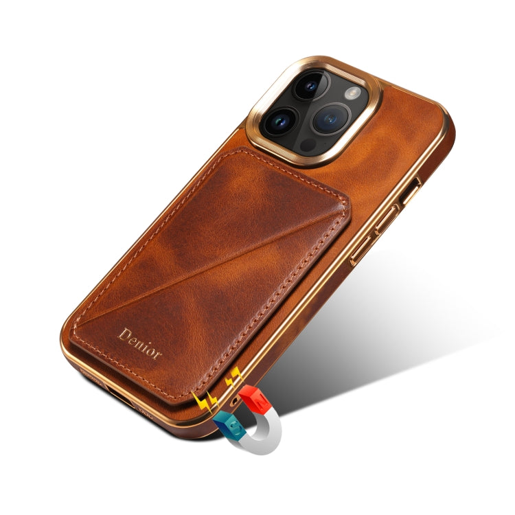 For iPhone 15 Denior Oil Wax Leather Electroplating Card Slot Holder Phone Case(Brown) - iPhone 15 Cases by Denior | Online Shopping UK | buy2fix