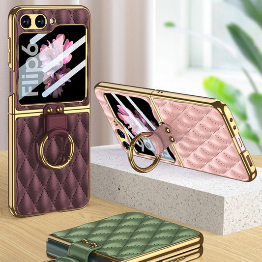 For Samsung Galaxy Z Flip6/7 FE GKK Integrated Plating Diamond Texture PU Phone Case with Ring(Matcha Green) by GKK