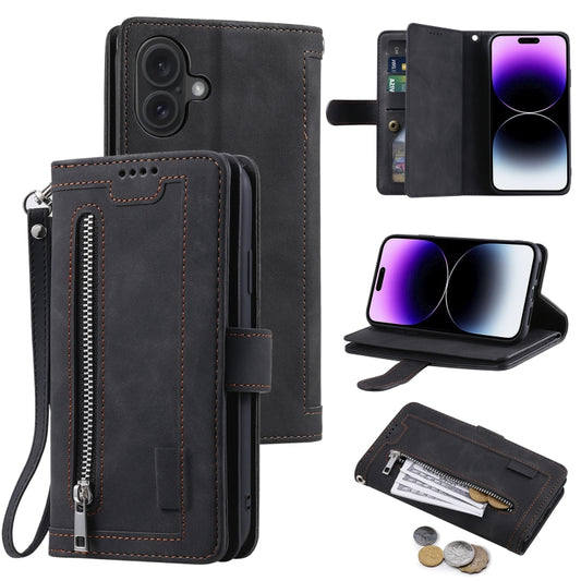 For iPhone 16 Nine Card Zipper Bag Leather Phone Case with Lanyard(Black) - iPhone 16 Cases by buy2fix | Online Shopping UK | buy2fix
