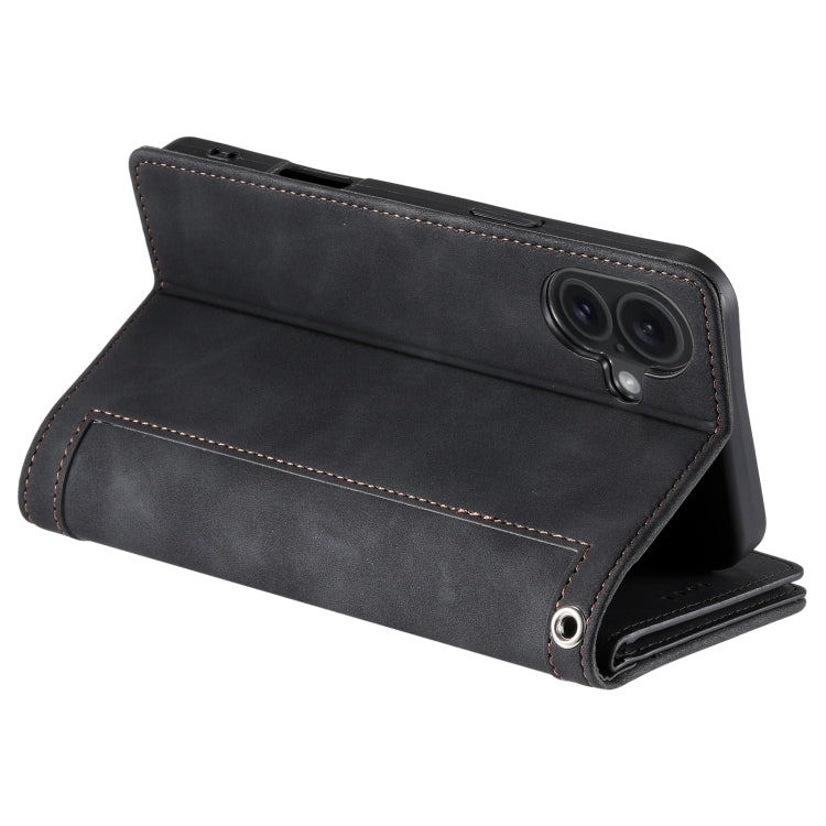 For iPhone 16 Nine Card Zipper Bag Leather Phone Case with Lanyard(Black) - iPhone 16 Cases by buy2fix | Online Shopping UK | buy2fix