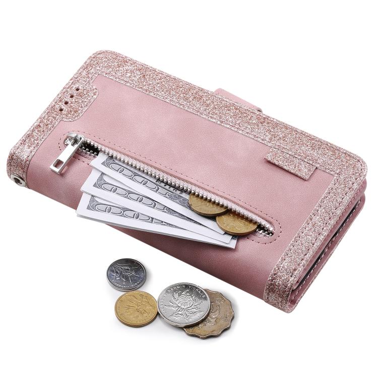 For iPhone 16e Nine Card Zipper Bag Leather Phone Case with Lanyard(Pink) - iPhone 16e Cases by buy2fix | Online Shopping UK | buy2fix