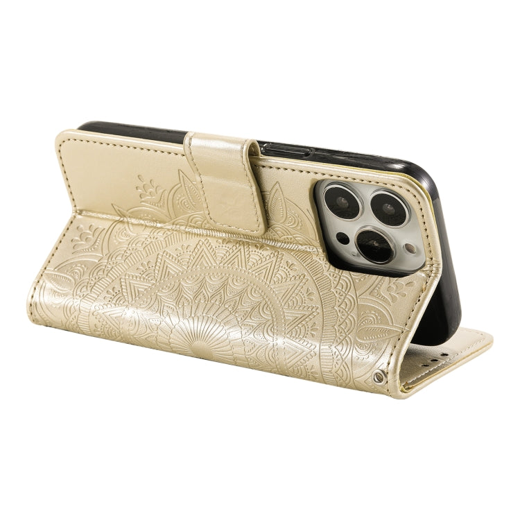 For iPhone 16 Pro Totem Flower Embossed Leather Phone Case(Gold) by buy2fix
