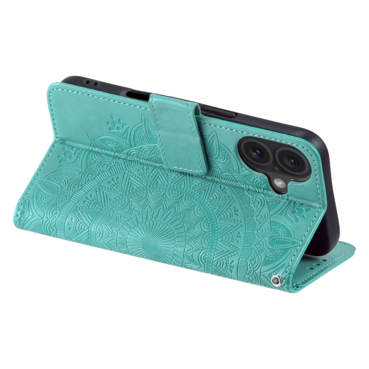 For iPhone 16 Plus Totem Flower Embossed Leather Phone Case(Green) by buy2fix