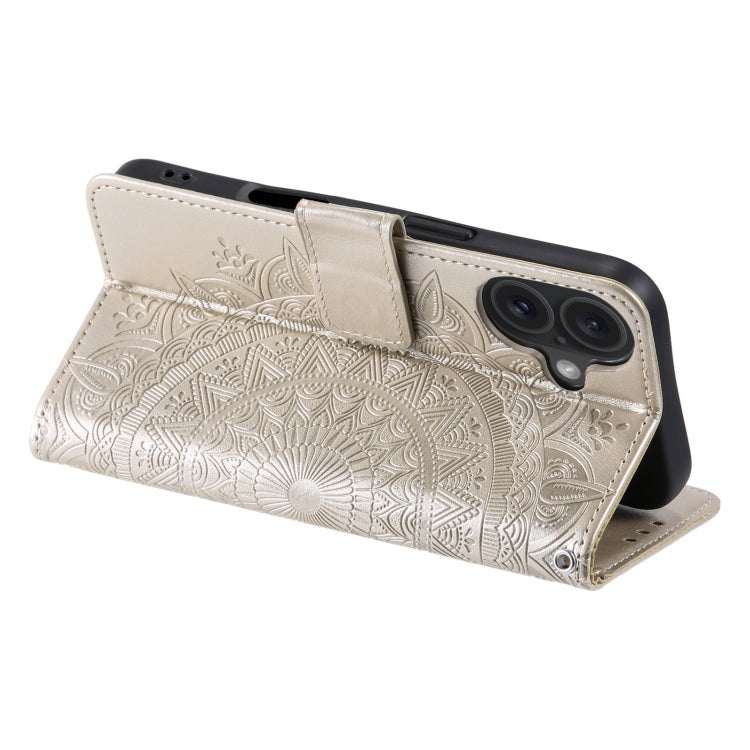 For iPhone 16 Plus Totem Flower Embossed Leather Phone Case(Gold) by buy2fix