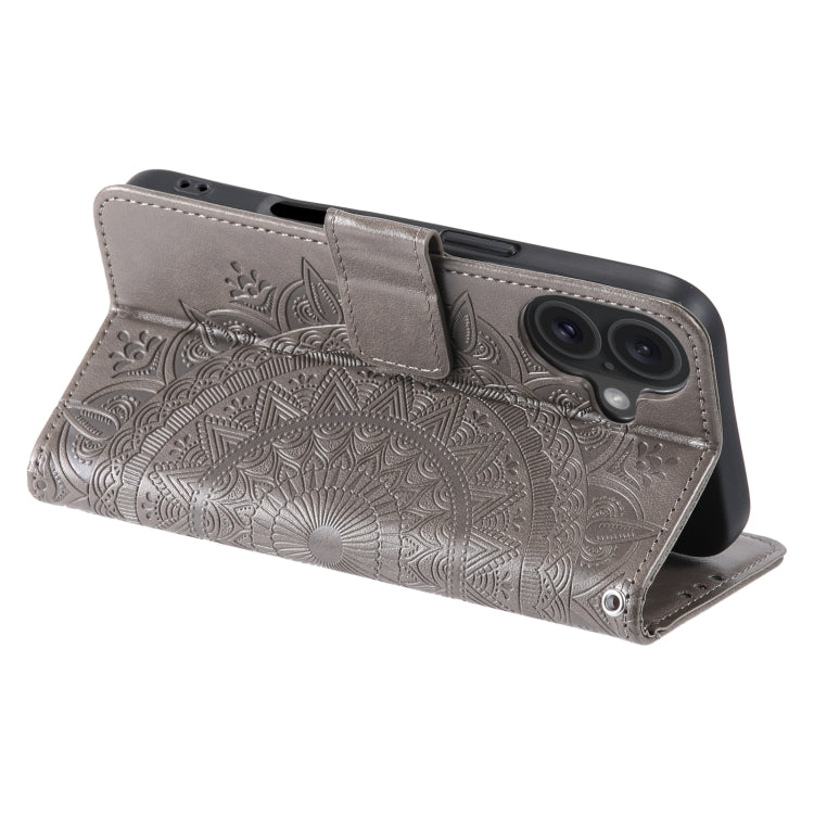 For iPhone 16 Plus Totem Flower Embossed Leather Phone Case(Grey) by buy2fix