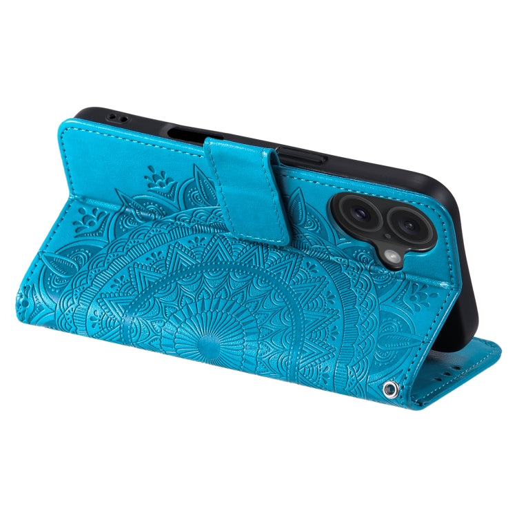 For iPhone 16 Plus Totem Flower Embossed Leather Phone Case(Blue) by buy2fix