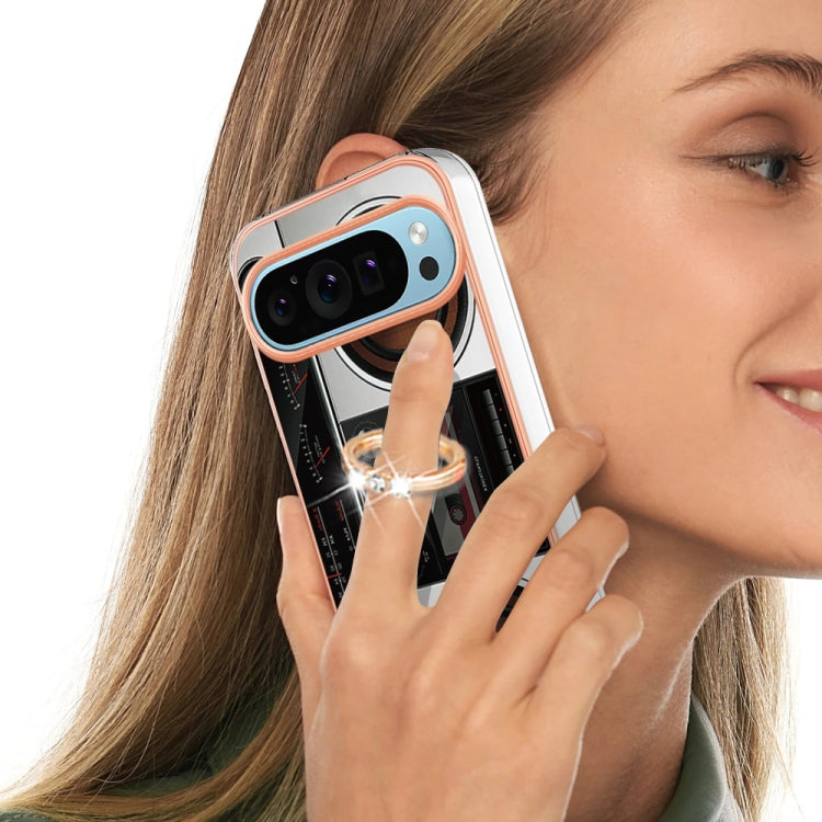 For Google Pixel 9 / 9 Pro Electroplating Dual-side IMD Phone Case with Ring Holder(Retro Radio) by buy2fix