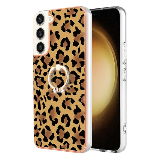 For Samsung Galaxy S22+ 5G Electroplating Dual-side IMD Phone Case with Ring Holder(Leopard Print) by buy2fix