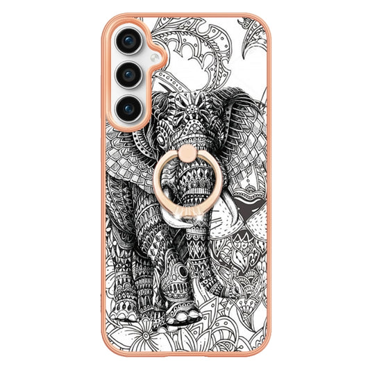 For Samsung Galaxy S23 FE 5G Electroplating Dual-side IMD Phone Case with Ring Holder(Totem Elephant) by buy2fix