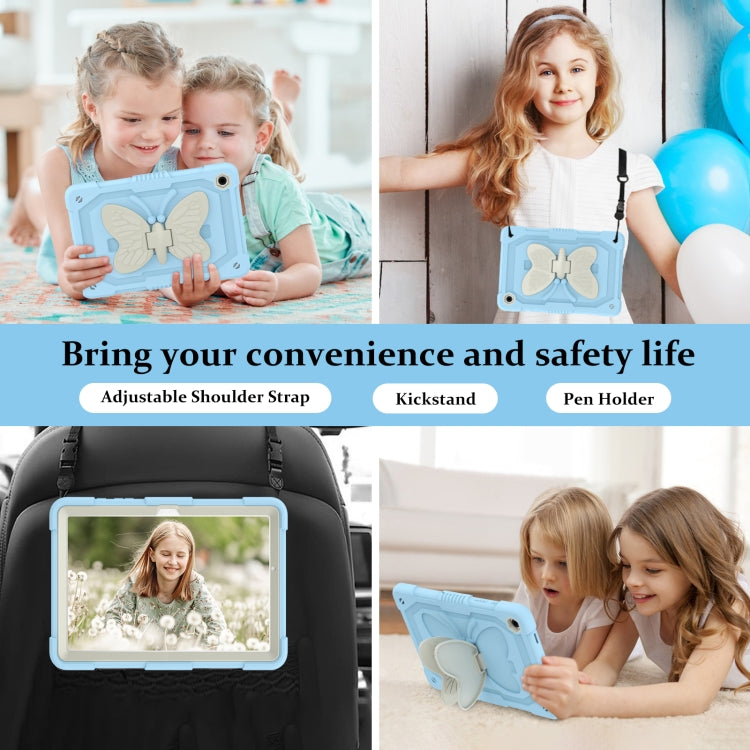 For Samsung Galaxy Tab A9+ Butterfly Kickstand Heavy Duty Hard Rugged Tablet Case(Beige+Ice Blue) - Galaxy Tab A9+ by buy2fix | Online Shopping UK | buy2fix