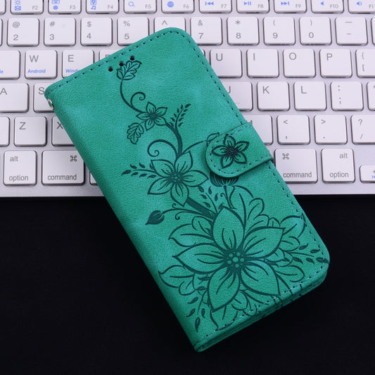 For iPhone 16e Lily Embossed Leather Phone Case(Green) by buy2fix