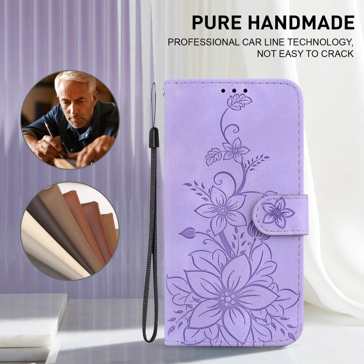 For iPhone 16e Lily Embossed Leather Phone Case(Purple) by buy2fix