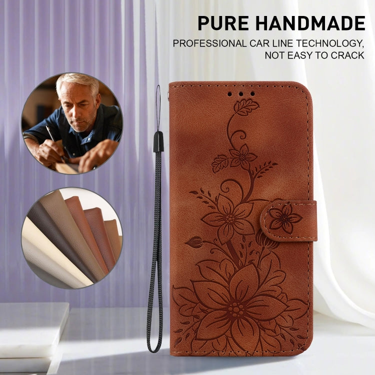 For iPhone 16e Lily Embossed Leather Phone Case(Brown) by buy2fix