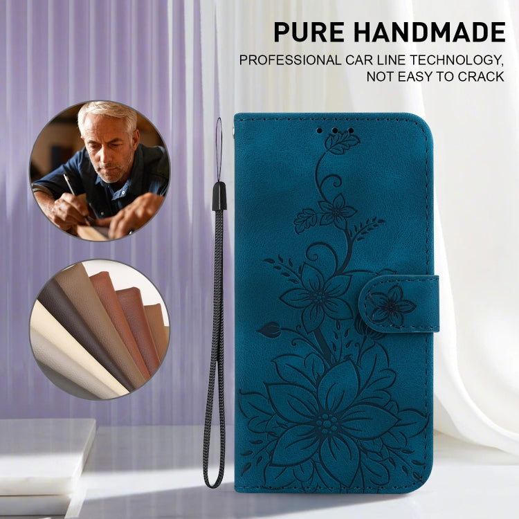 For iPhone 16e Lily Embossed Leather Phone Case(Dark Blue) by buy2fix