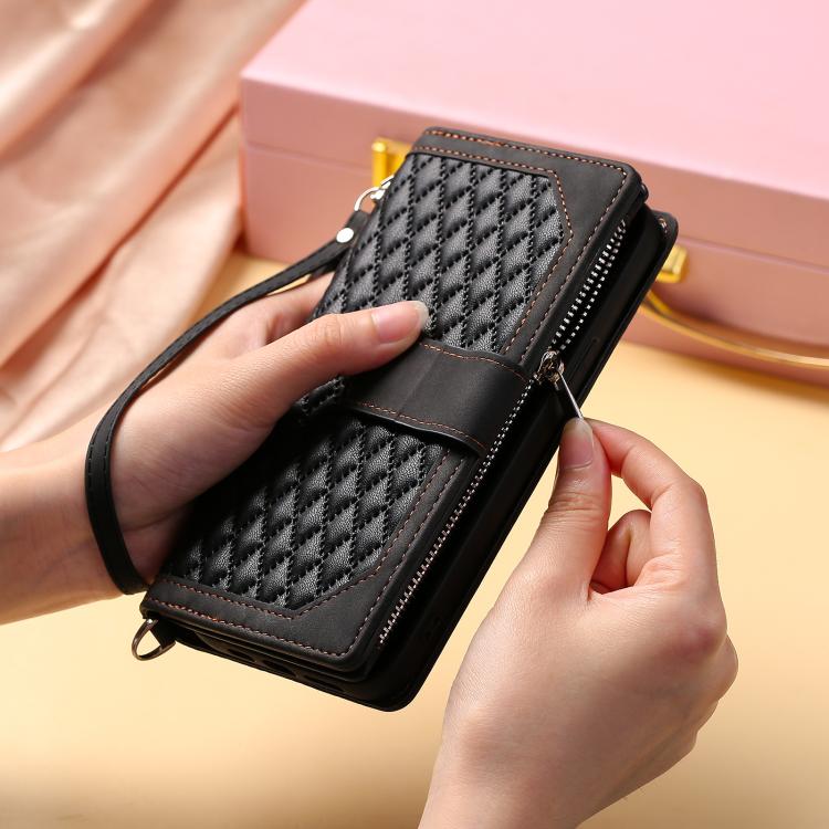 For iPhone 16e Grid Texture Zipper Leather Phone Case with Lanyard(Black) - iPhone 16e Cases by buy2fix | Online Shopping UK | buy2fix