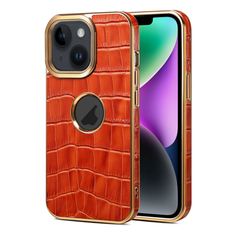 For iPhone 15 Denior Crocodile Texture Genuine Leather Electroplating Phone Case(Mocha Brown) - iPhone 15 Cases by Denior | Online Shopping UK | buy2fix