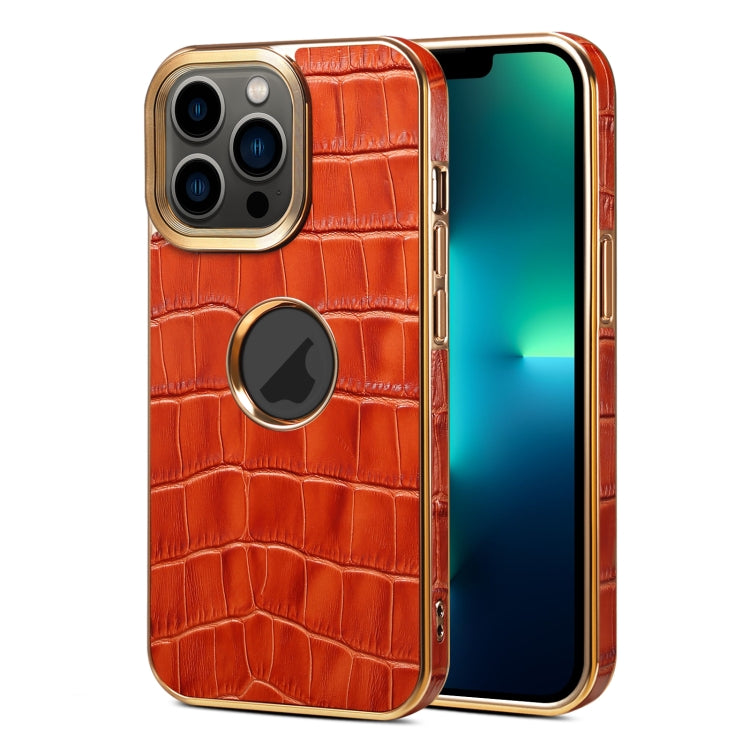 For iPhone 13 Pro Max Denior Crocodile Texture Genuine Leather Electroplating Phone Case(Mocha Brown) - iPhone 13 Pro Max Cases by Denior | Online Shopping UK | buy2fix