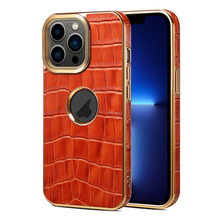 For iPhone 13 Pro Denior Crocodile Texture Genuine Leather Electroplating Phone Case(Mocha Brown) - iPhone 13 Pro Cases by Denior | Online Shopping UK | buy2fix