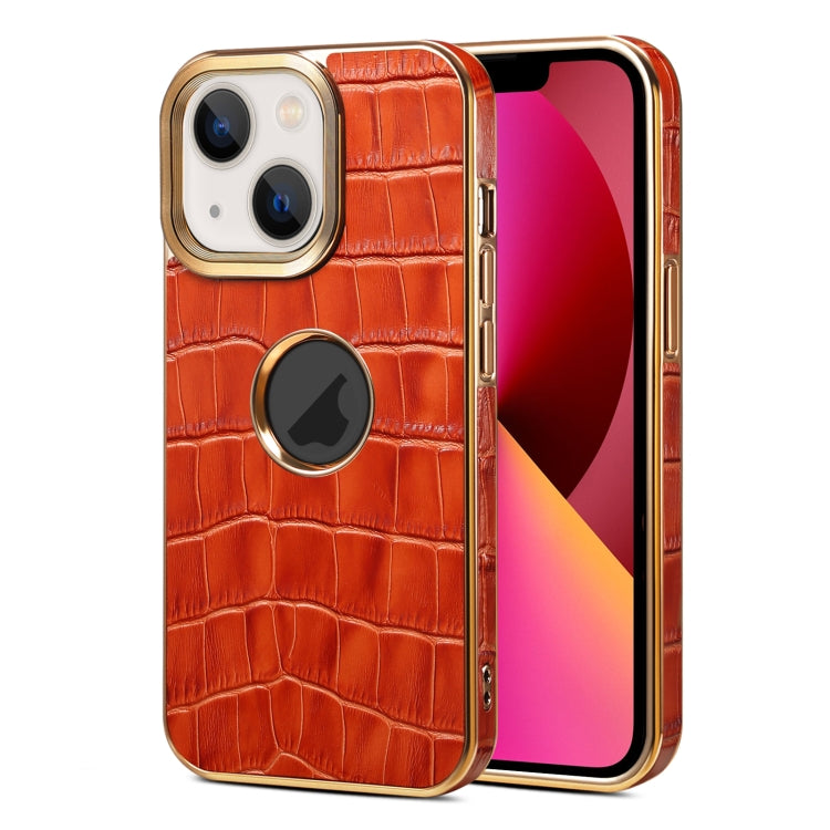 For iPhone 13 Denior Crocodile Texture Genuine Leather Electroplating Phone Case(Mocha Brown) - iPhone 13 Cases by Denior | Online Shopping UK | buy2fix