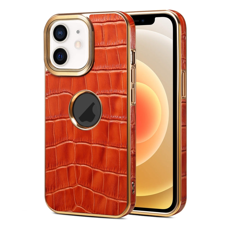 For iPhone 12 / 12 Pro Denior Crocodile Texture Genuine Leather Electroplating Phone Case(Mocha Brown) - iPhone 12 / 12 Pro Cases by Denior | Online Shopping UK | buy2fix