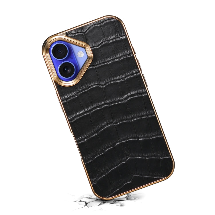 For iPhone 16 Plus Denior Crocodile Texture Genuine Leather Electroplating Phone Case(Black) by Denior